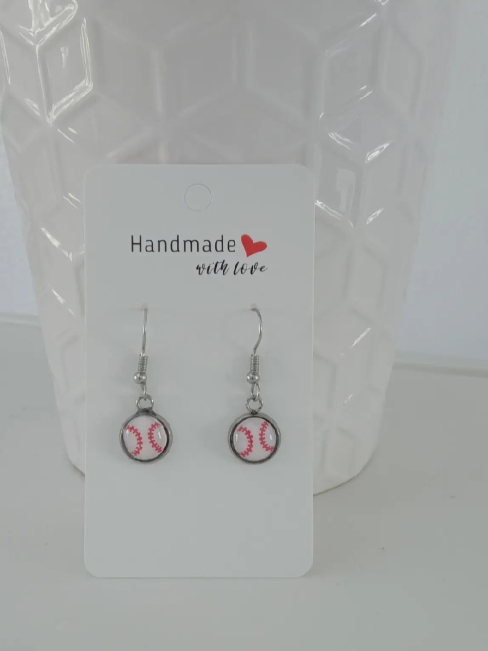 Handmade White and Red Baseball Charm Dangle Earrings